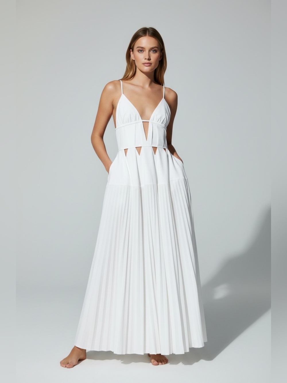SIMKHAI SELENE PLEATED COTTON CUTOUT MAXI DRESS GOWN White Size 2 - Picture 2 of 13